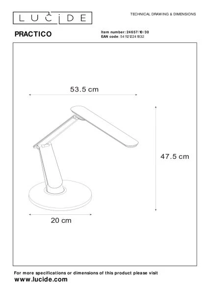 Lucide PRACTICO - Desk lamp - LED Dim. - 1x10W 2700K/6000K - With USB charging point - Black - technical